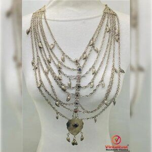 Multi-Layer Silver Tone Bib Necklace: Bohemian Belly Dance Chain Necklace